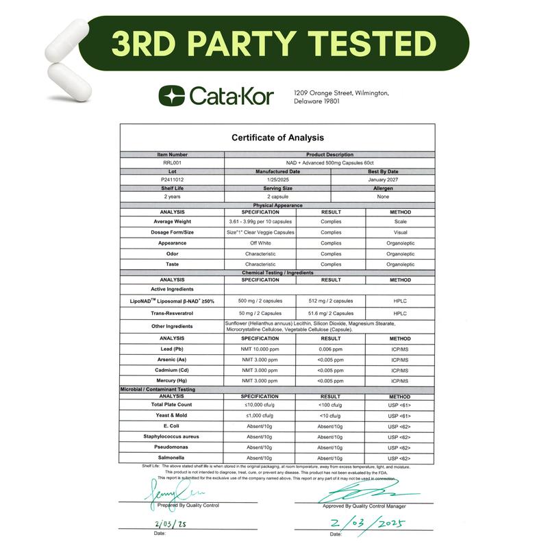 NAD + Supplement for Skin Aging Support Energy & Focus - 500 mg per serving - 60 Count - 30 Days Supply