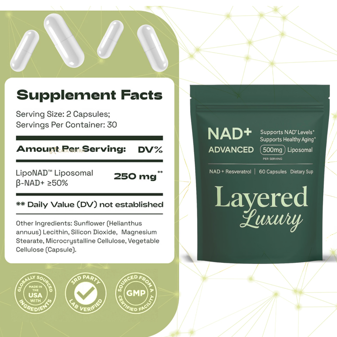NAD+ Supplement for Skin Aging Support, Energy & Focus - 500 mg per serving - 60 Count - 30 Days Supply