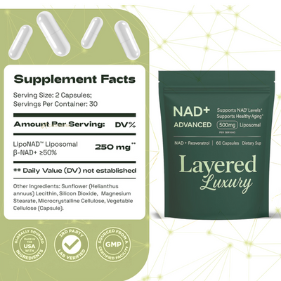 NAD+ Supplement for Skin Aging Support, Energy & Focus - 500 mg per serving - 60 Count - 30 Days Supply